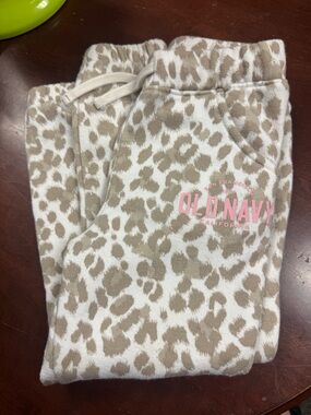 Old Navy Beige and White Leopard Print Joggers with Pink Logo